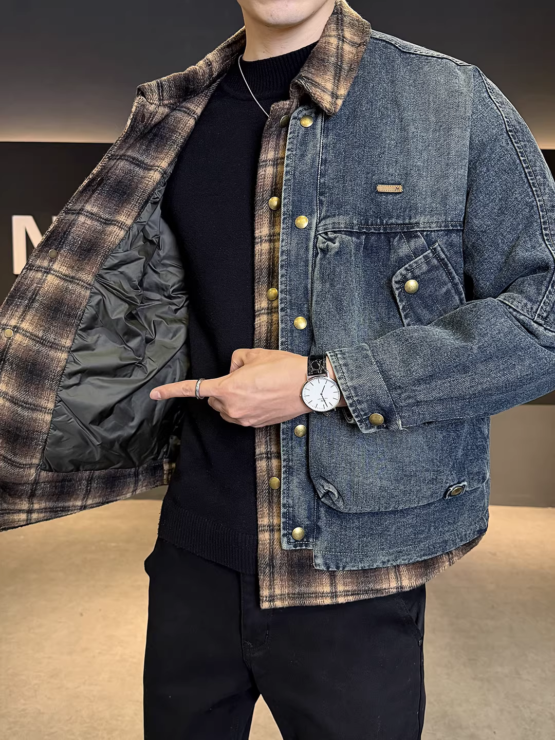 Áo khoác phao mùa đông mới năm 2025 tiêu chuẩn quốc gia, 50% lông vũ trắng, dành cho nam, kiểu dáng giả hai lớp, phối vạt áo denim rộng rãi