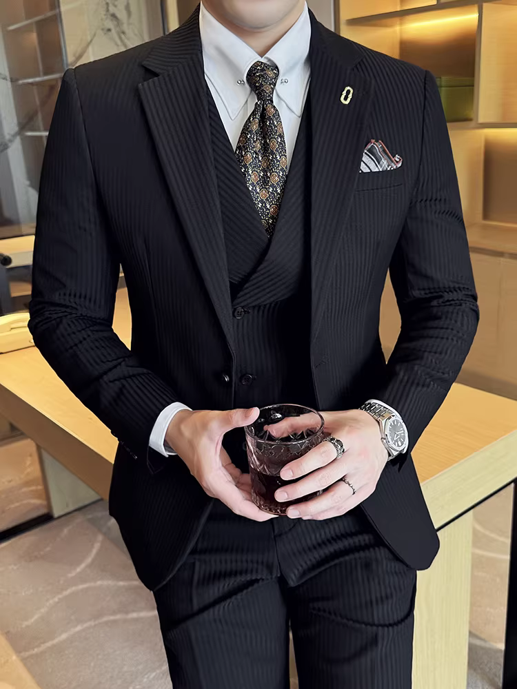 Bộ vest nam cao cấp kẻ sọc, phong cách công sở lịch lãm Hàn Quốc, dáng ôm, thời trang, đa năng, phù hợp cho chú rể, đám cưới
