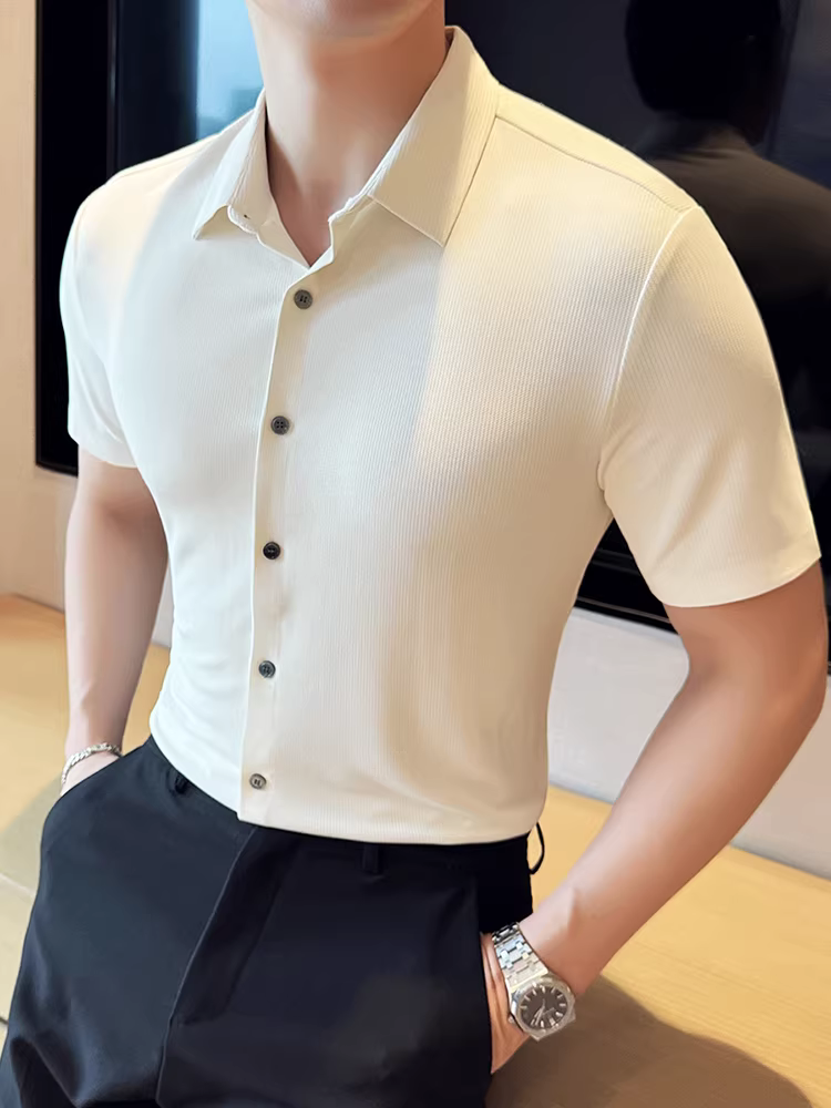 Áo sơ mi nam chất liệu lụa băng có kết cấu, co giãn cao, liền mạch, tay ngắn, kiểu dáng mùa hè mỏng nhẹ, thoải mái, đa năng, ôm dáng, áo sơ mi thường ngày hợp thời trang.