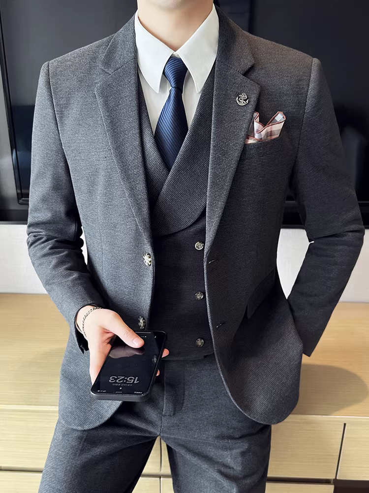 Bộ vest len nam mùa thu đông dày dặn, kiểu dáng lịch lãm, ôm dáng, cao cấp, thích hợp cho chú rể, đám cưới.