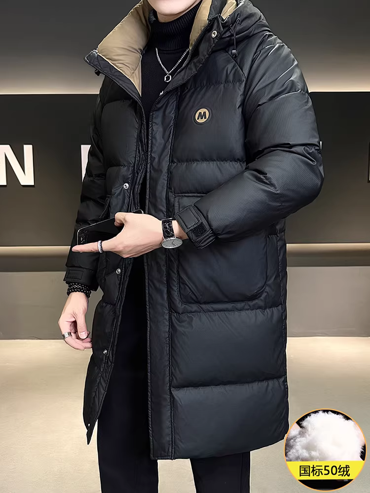 Áo khoác nam chất lượng cao, dài trung bình, chất liệu da PU, mùa đông 2025, kiểu phối màu mới, có mũ, dày dặn, chống lạnh