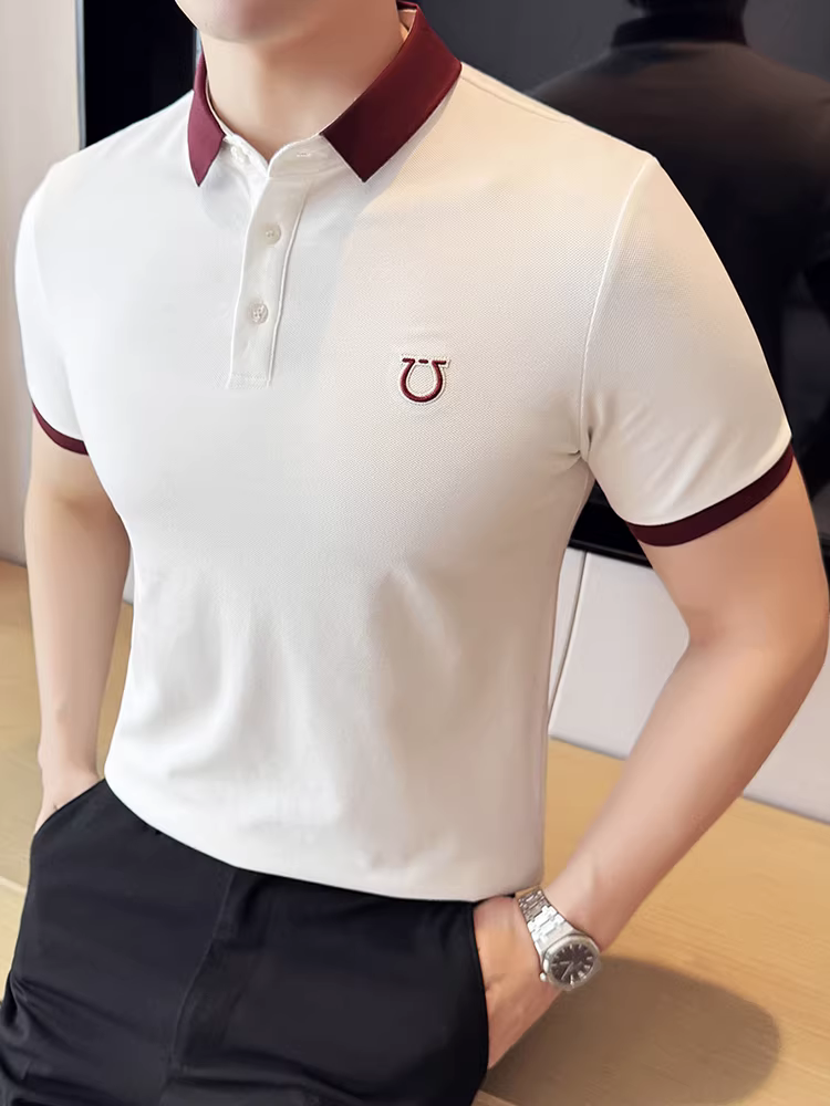 Áo polo nam ngắn tay, kiểu dáng mùa hè mới, xu hướng thời trang cao cấp, ôm dáng, lịch lãm, cổ áo phối màu tương phản, áo thun công sở
