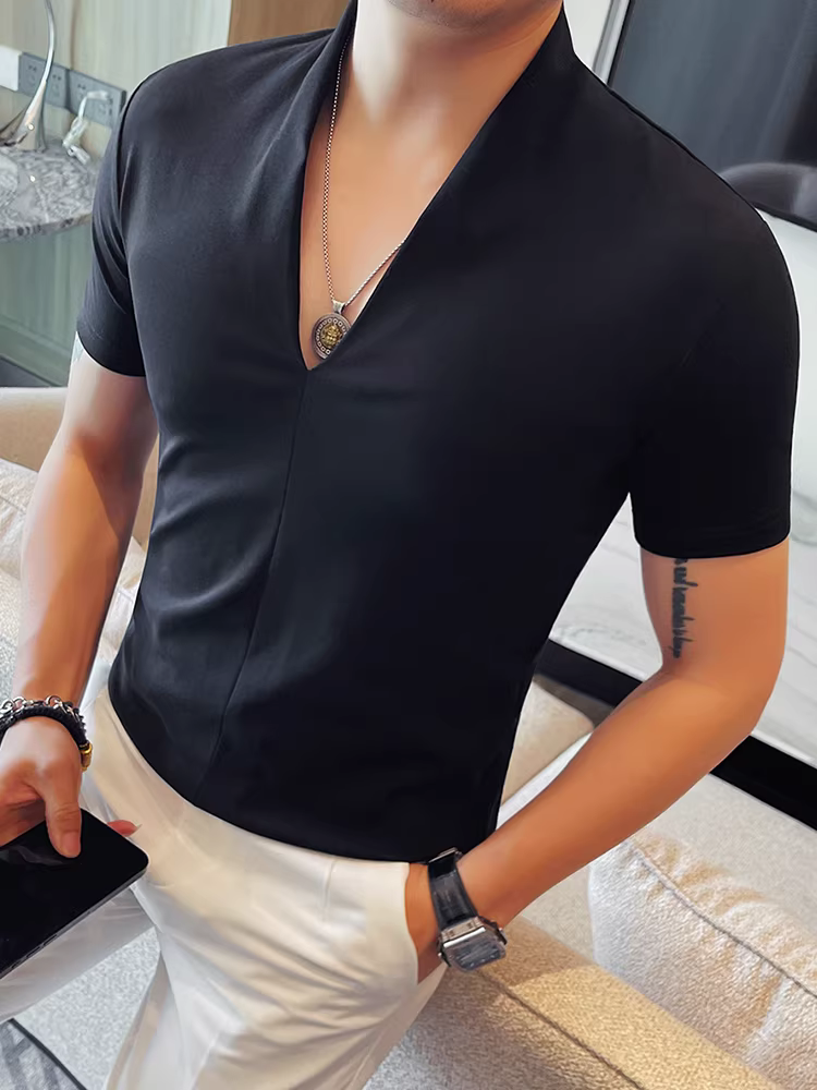 Áo thun nam tay ngắn thiết kế cổ chữ V, kiểu dáng mỏng mùa hè, thời trang cao cấp, ôm vừa vặn, đa năng, giản dị, áo thoáng khí