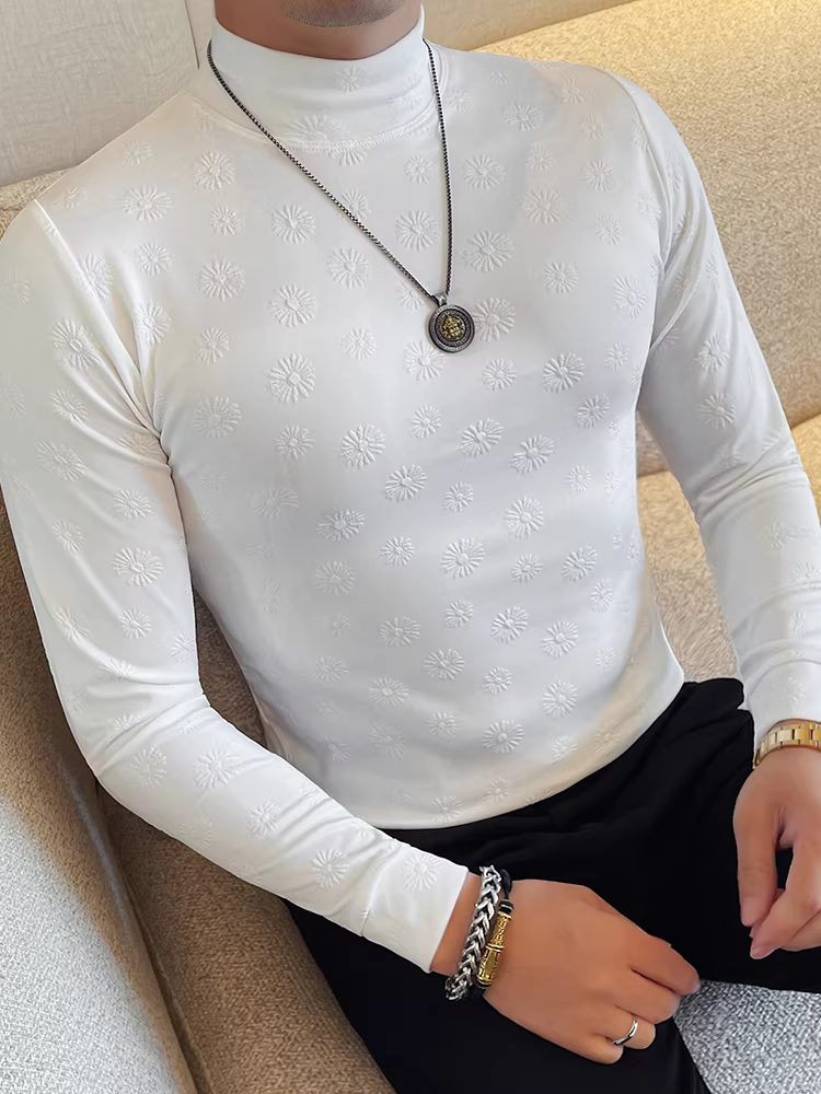 Áo sơ mi nam cổ trụ nửa cao họa tiết hoa cúc, thời trang thu đông 2025, kiểu dáng ôm body, cổ trung, tay dài.