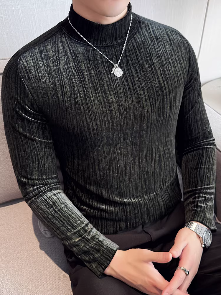 Áo thun nam cổ lọ nửa cao, tay dài, kiểu mới xuân 2025, ôm dáng, co giãn, áo lót cổ trung kẻ sọc thời trang.
