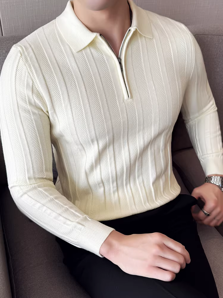 Áo len nam cổ lọ nửa khóa kéo, tay dài, kiểu mới thu đông 2025, cao cấp, ôm dáng, áo thun polo dệt kim thời thượng.