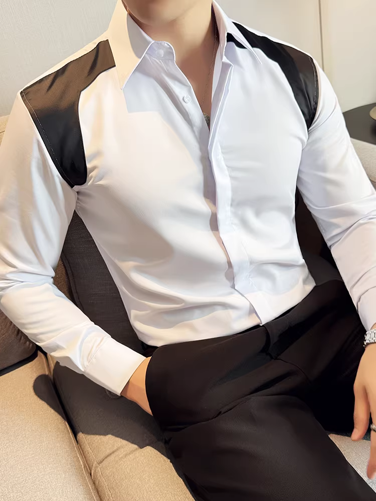 Áo sơ mi nam kiểu Anh, cổ rộng, phối nhiều chất liệu, tay dài, xu hướng thời trang cao cấp, dáng ôm, lịch lãm, áo sơ mi casual cao cấp