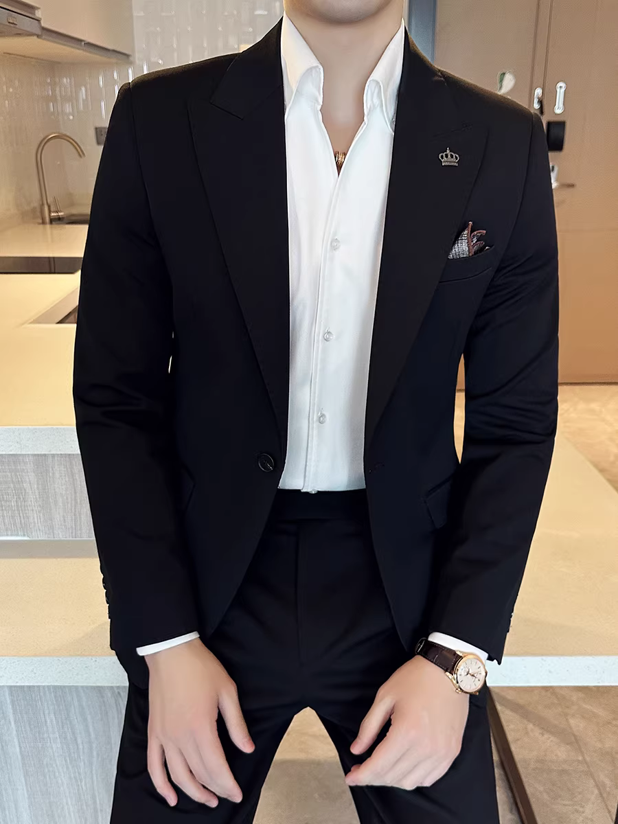 Bộ vest nam phối hạt cườm, trang phục công sở lịch lãm cao cấp, kiểu dáng ôm body, bộ vest cưới ba mảnh dành cho chú rể