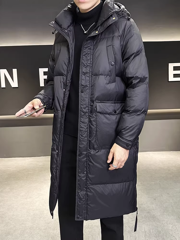 Áo khoác lông vũ dài quá gối có mũ nam, kiểu mới mùa đông 2025, thời trang cao cấp, hơi rộng, dày dặn và ấm áp.