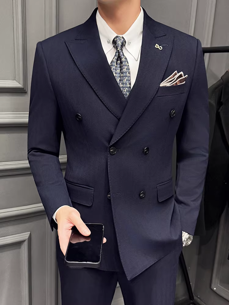 Bộ vest nam kẻ sọc đậm mùa thu đông, kiểu Hàn Quốc, ôm dáng, lịch sự, dễ chăm sóc, bộ ba món.