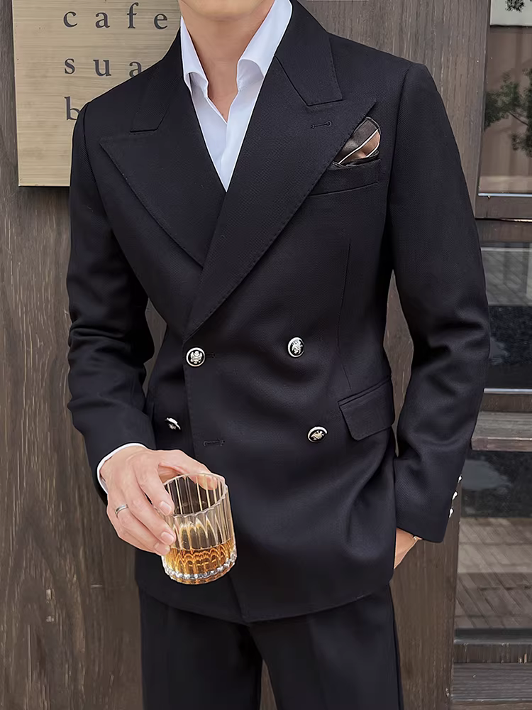 Áo blazer nam dáng dài, hai hàng khuy, mùa thu đông 2024 kiểu mới, phong cách công sở lịch lãm cao cấp