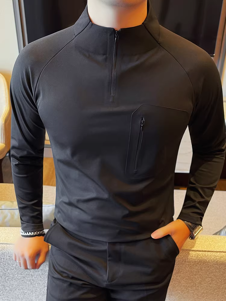 Áo thun nam cổ đứng nửa cao khóa kéo chất liệu da cá mập, tay dài, thời trang thu đông 2025, kiểu dáng ôm body, cổ đứng.