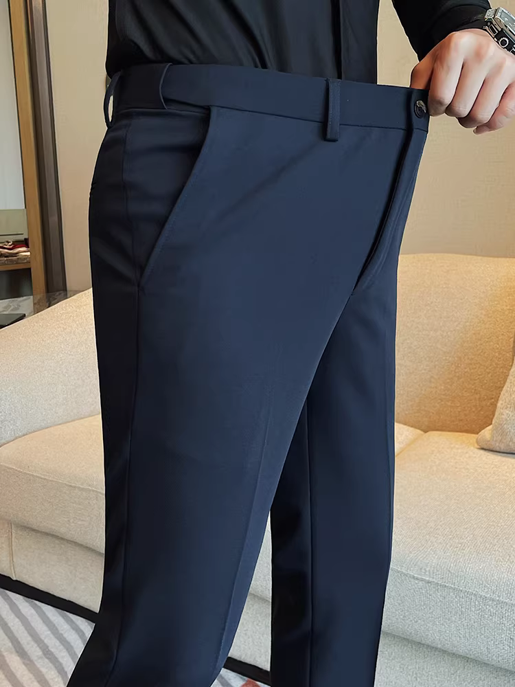 Quần âu nam kiểu dáng mới mùa xuân thu, chất liệu trơn màu, đa năng, thời trang, ôm dáng, ống côn, lưng thun.