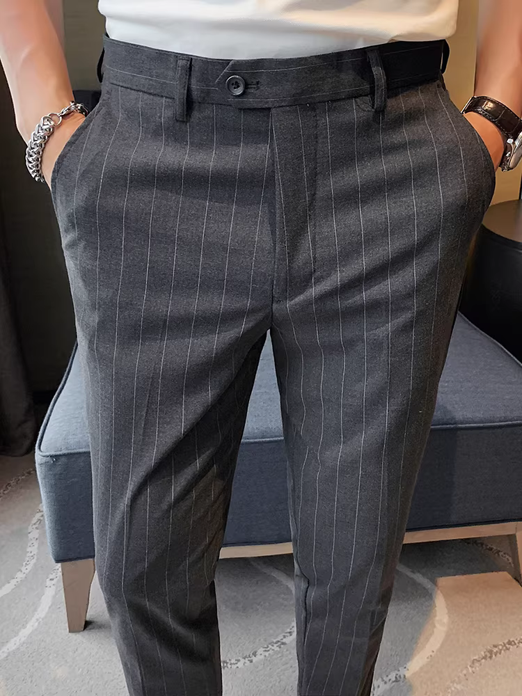 Quần âu nam kẻ sọc dày dặn lót lông mùa đông 2024 kiểu dáng mới đa năng ôm dáng côn