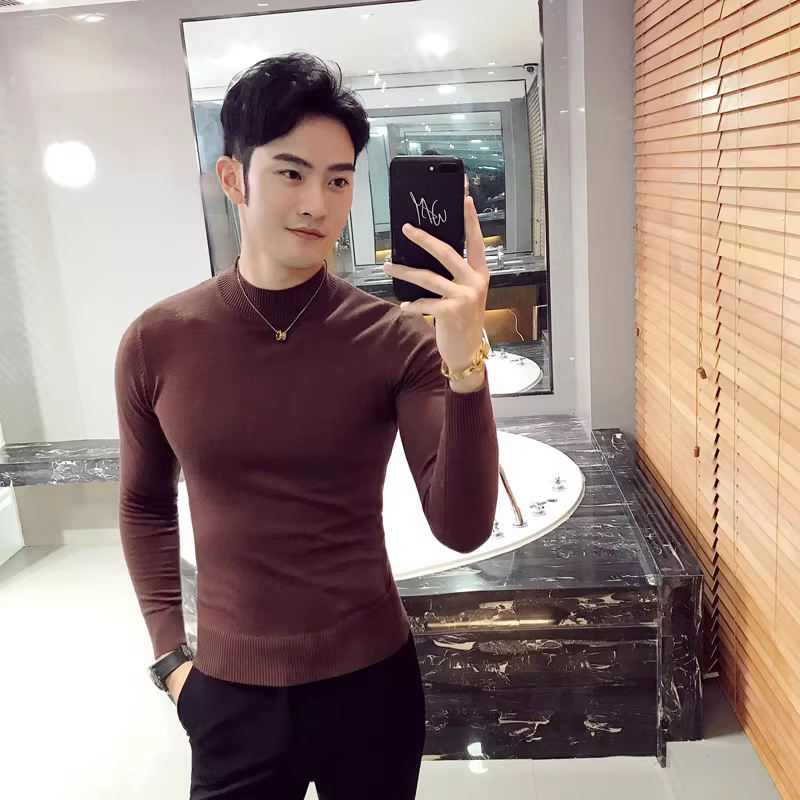 Áo len nam dài tay cổ lọ mùa thu đông phong cách Hàn Quốc, kiểu dáng ôm body, đẹp trai, chất liệu dệt kim cao cấp, áo lót giữ ấm cao cấp