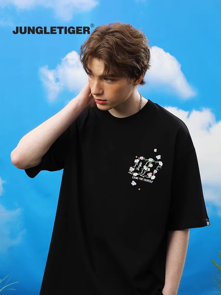 Áo thun ngắn tay thêu hoa hổ rừng dành cho nam, mẫu mới hè 2025, phong cách Mỹ, chất dày, áo thun đôi nam nữ