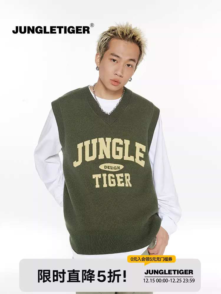 Áo len dệt kim nhiều lớp cổ chữ V thương hiệu Jungle Tiger hợp thời trang dành cho nam và nữ, áo len dáng rộng phong cách hip-hop đường phố