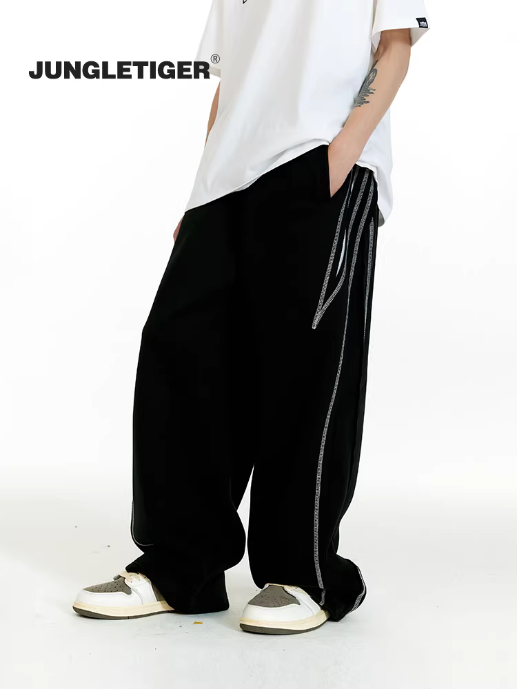 Quần jogger nam màu phối sọc báo rừng, kiểu dáng rộng thùng thình, chất liệu dệt kim, mẫu mới 2025