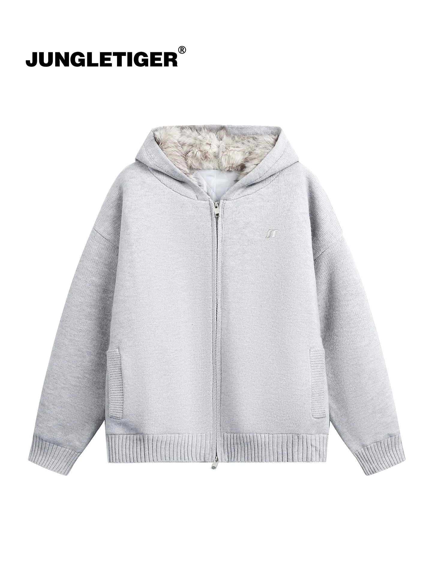 Áo khoác cotton có cổ lông hổ rừng cho nam và nữ, áo khoác cotton có mũ trùm đầu dệt kim thêu đơn giản, áo khoác ngoài dày và ấm áp.