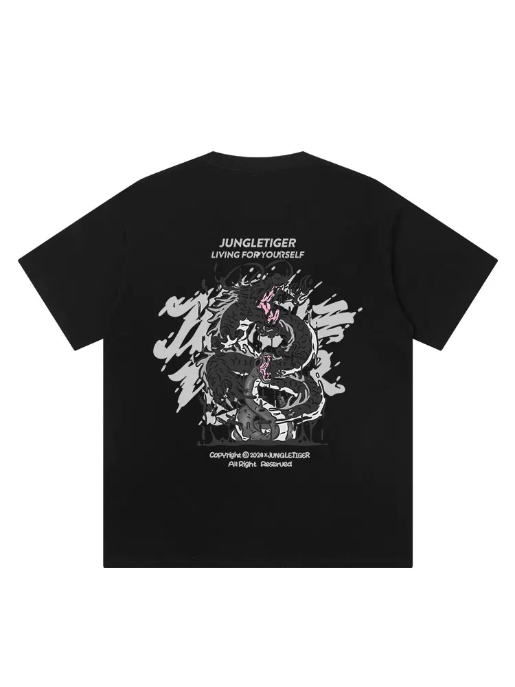 Áo thun ngắn tay họa tiết rồng Jungle Tiger Dream Fearless Series dành cho nam, phong cách mới mùa hè, xu hướng quốc gia, nửa tay áo bằng vải cotton nguyên chất hạng nặng.