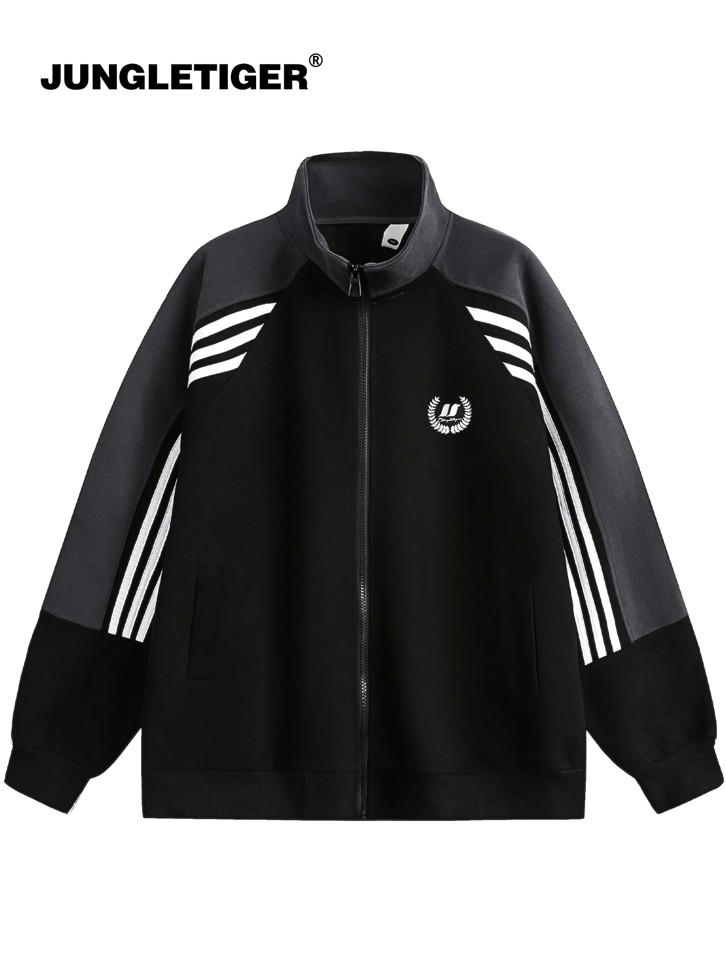 Áo len tay raglan thêu theo phong cách retro của Jungle Tiger dành cho nam giới, áo cardigan chắp vá dáng rộng mùa thu với áo khoác cổ đứng màu tương phản