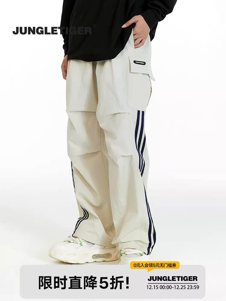 Quần cargo sọc ngang kiểu Mỹ retro Jungle Tiger, unisex, thời thượng, đa năng, dáng thẳng, ba sọc, phong cách thường ngày