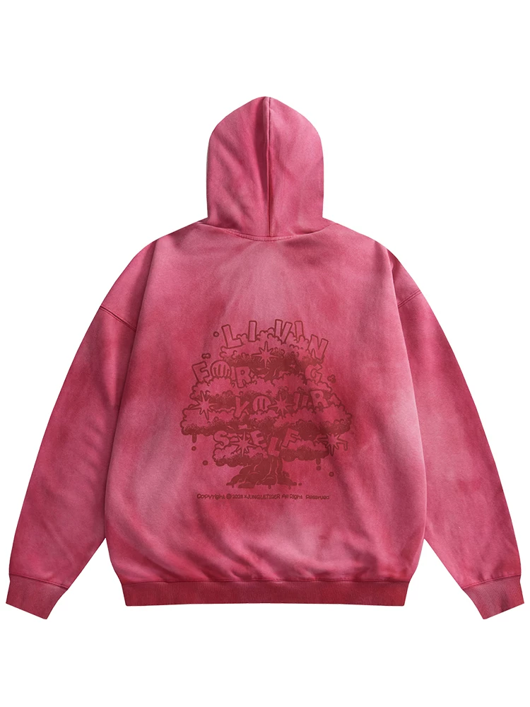 Áo hoodie in hình cây vui nhộn của Jungle Tiger dành cho nam và nữ, mùa thu đông, đã giặt và làm cũ, áo có mũ trùm đầu dày dặn, nặng.