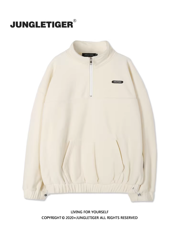 Áo nỉ nửa khóa kéo kiểu Mỹ retro Jungle Tiger dành cho nam, áo khoác trắng oversize thời trang dành cho cặp đôi nữ