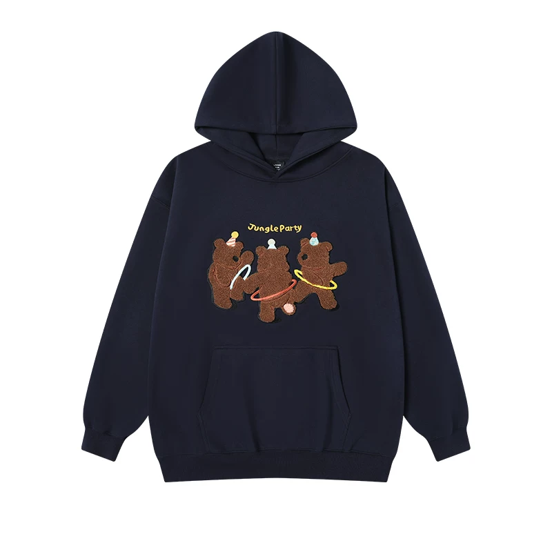 【Wu Jiacheng Exclusive】Áo hoodie có mũ trùm đầu thêu hình ba chú gấu nhỏ Jungle Tiger Áo hoodie dày phong cách Mỹ