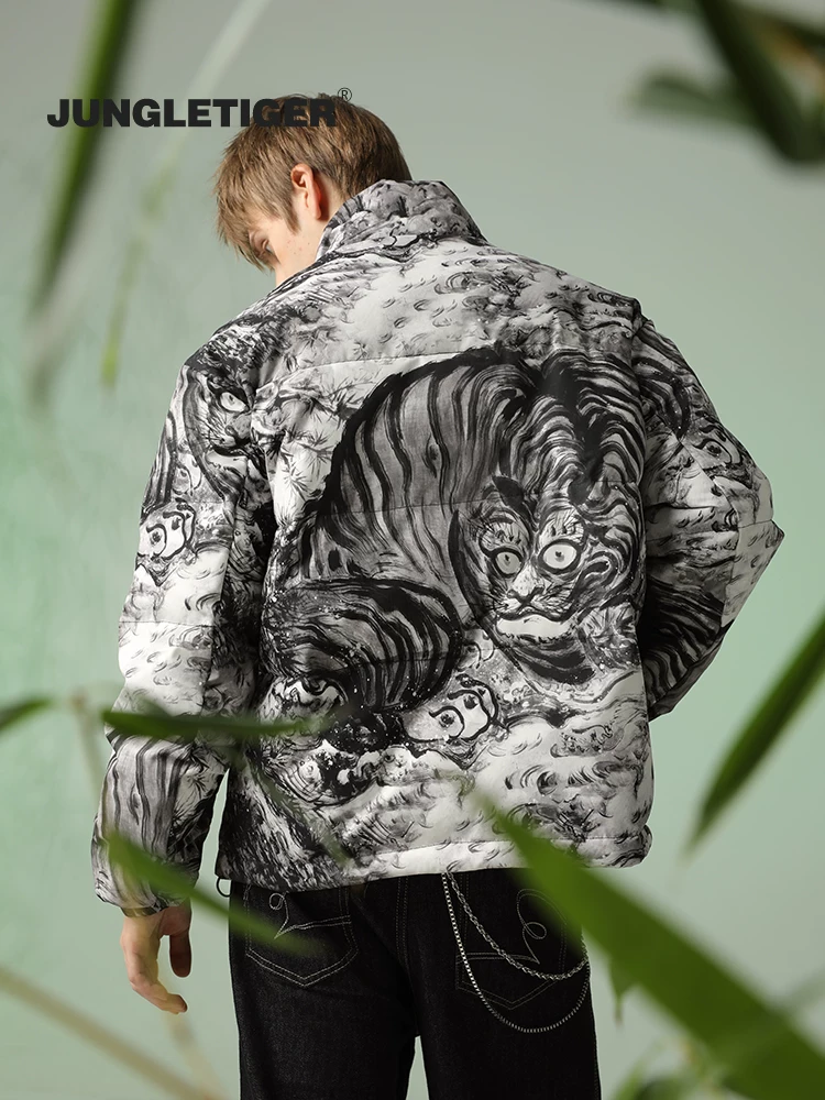 Jungle Tiger & Insect Master Collaboration Phong cách Trung Hoa Tranh mực in đầy đủ Áo khoác cotton dành cho nam và nữ Áo khoác phao dày mùa đông dành cho cặp đôi