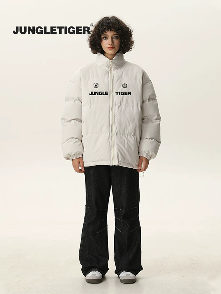 Áo khoác cotton cổ đứng phong cách Mỹ, thương hiệu Jungle Tiger, unisex, mùa đông 2025, áo khoác cotton dày giữ ấm cho cặp đôi