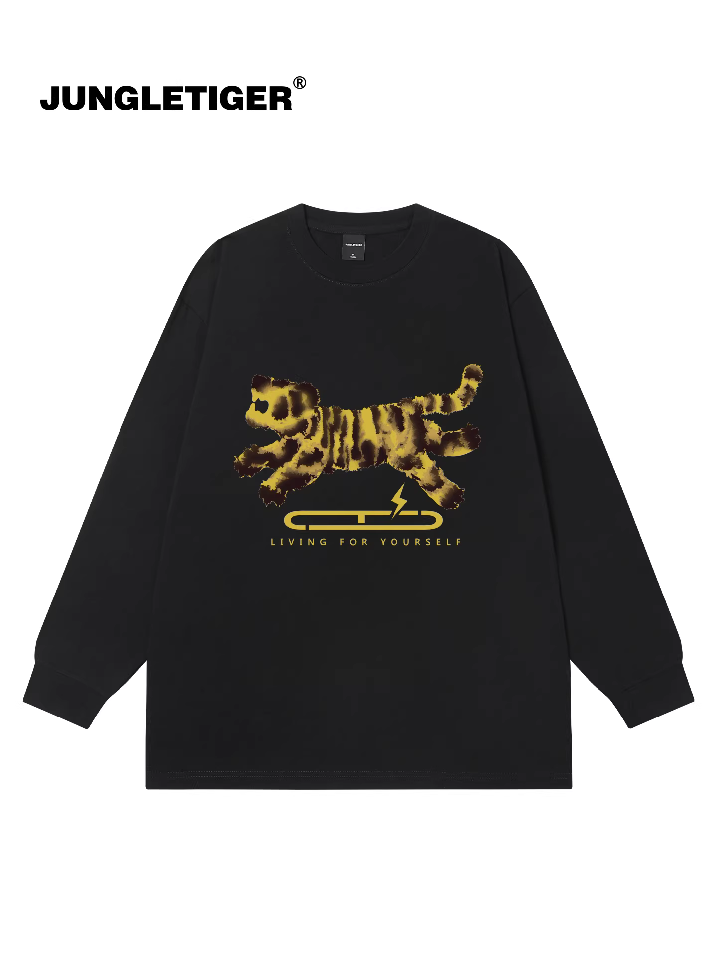 Áo thun dài tay in kỹ thuật số họa tiết hổ rừng, phối màu chuyển sắc, mùa thu 2025, chất liệu cotton nguyên chất, cổ tròn, dành cho nam