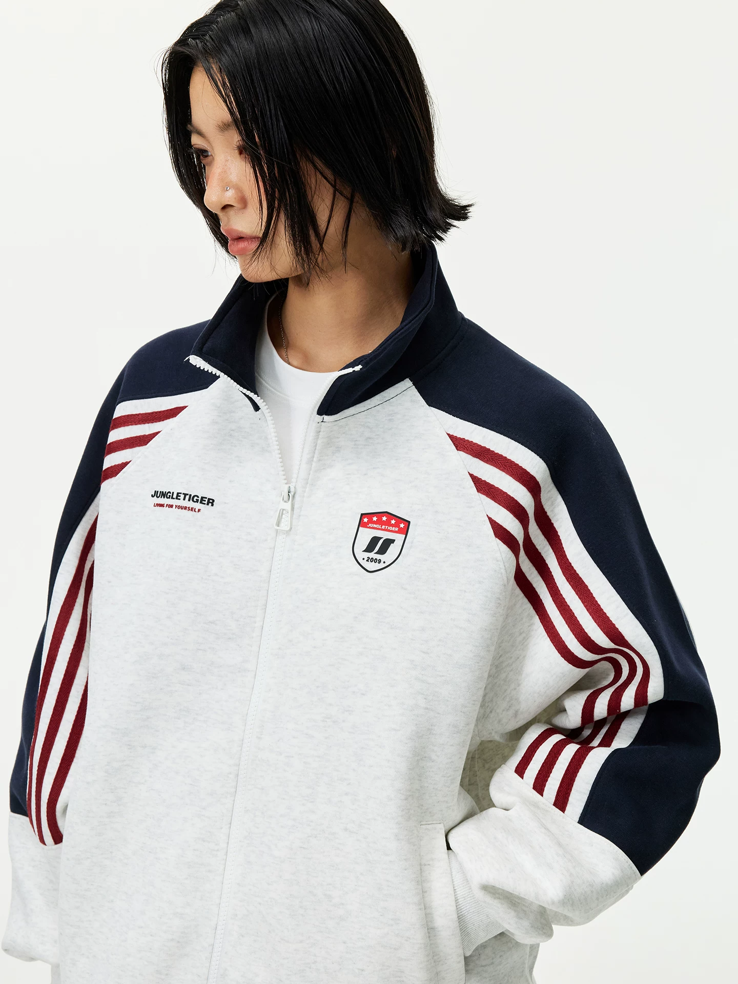 Áo len thể thao cổ điển kiểu Mỹ Jungle Tiger dành cho nam và nữ có ba sọc, phối màu, áo khoác cardigan cổ đứng