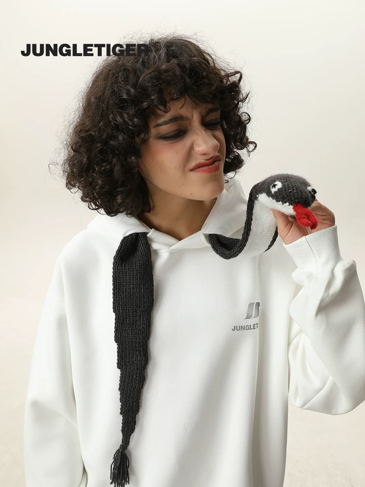 Áo hoodie có dây rút bằng vải dệt kim hình rắn có thể tháo rời của Jungle Tiger dành cho nam và nữ, áo nỉ có mũ trùm đầu dày dặn, dày dặn trong mùa thu và mùa đông.