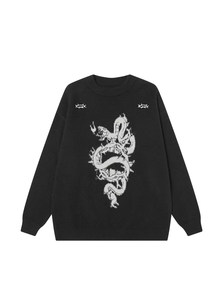 Jungle Tiger National Trend Snake and Thorn Áo len dài có lông Jacquard màu đỏ Unisex Thu đông Áo len dáng rộng dành cho cặp đôi