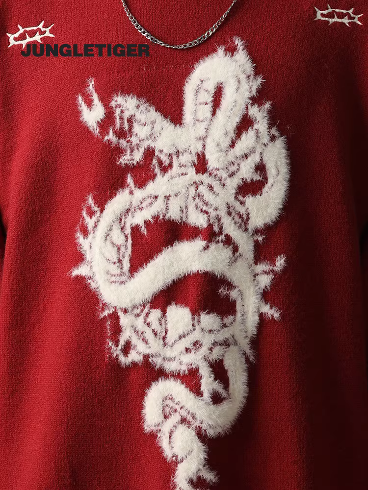 Jungle Tiger National Trend Snake and Thorn Áo len dài có lông Jacquard màu đỏ Unisex Thu đông Áo len dáng rộng dành cho cặp đôi