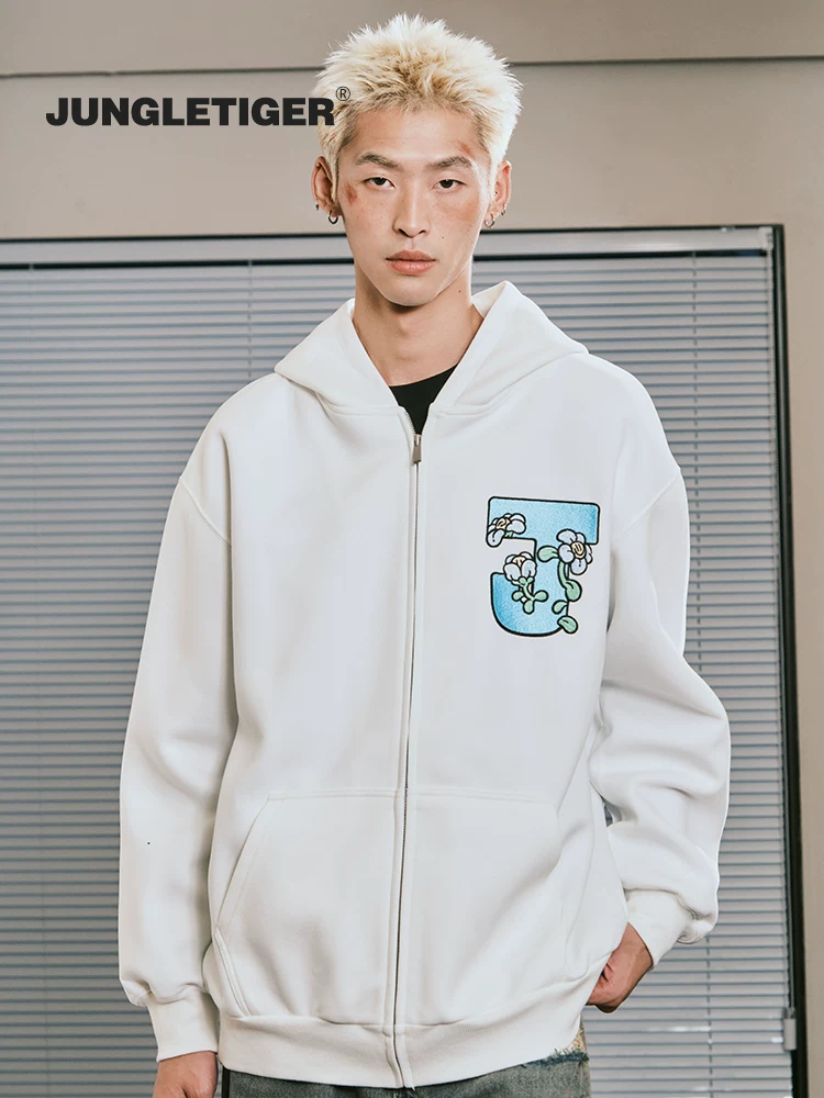 Áo khoác nỉ in thêu hoa văn hổ rừng, khóa kéo, unisex, mẫu mới 2025, thương hiệu thời thượng, chất dày, kiểu dáng rộng rãi, thoải mái