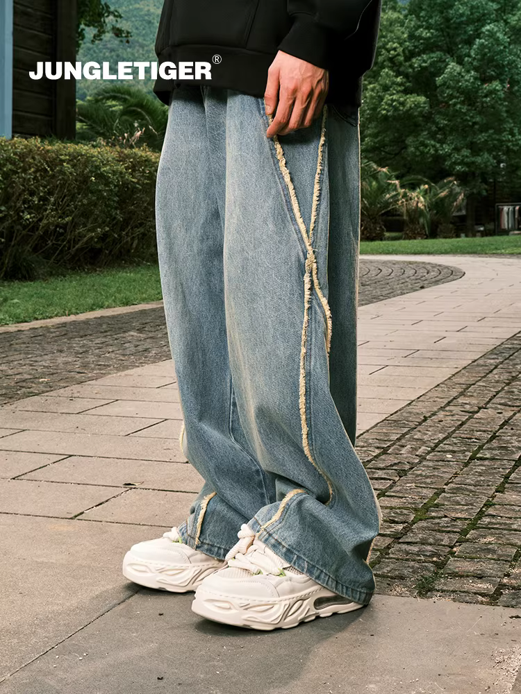 Quần jeans denim thô viền xù, họa tiết ghép hình hổ rừng, kiểu vintage, rách, dáng thẳng, unisex