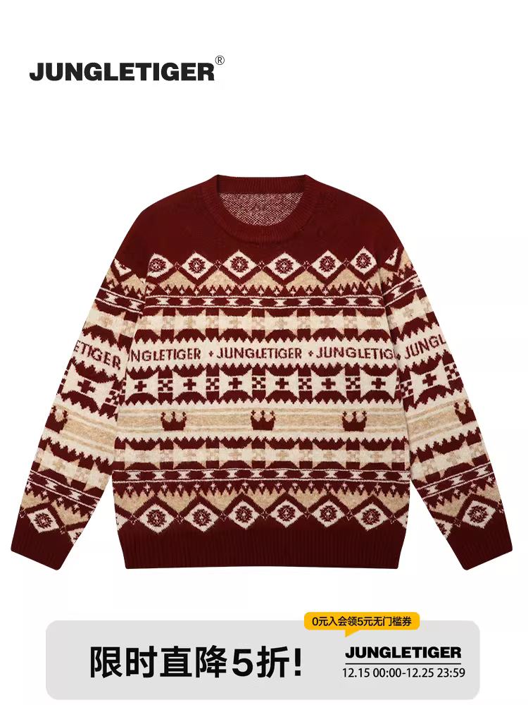 Áo len cặp đôi họa tiết jacquard đỏ mùa thu đông 2025 phong cách dân tộc, dáng rộng, cổ tròn, chất liệu dệt kim dành cho nam và nữ