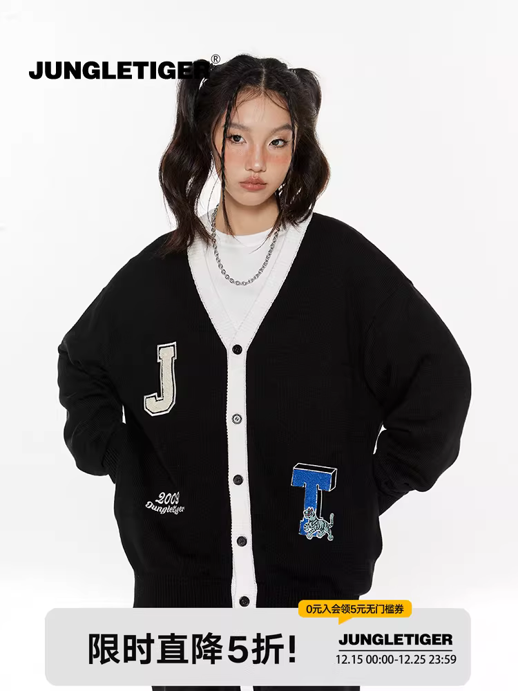 Áo len dệt kim cổ chữ V màu sắc theo phong cách Mỹ của Jungle Tiger với phong cách thiết kế, áo len cardigan dáng rộng, thoải mái dành cho nam và nữ.