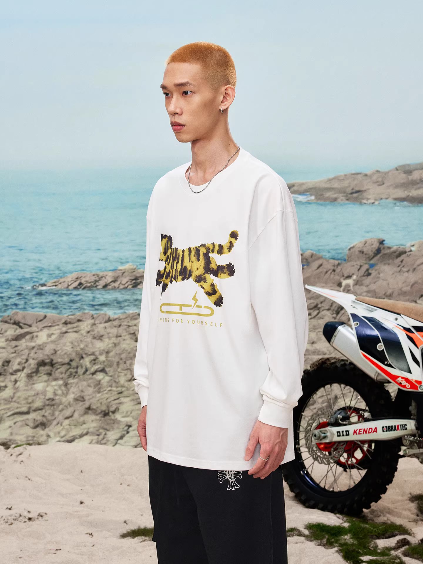 Áo thun dài tay in kỹ thuật số họa tiết hổ rừng, phối màu chuyển sắc, mùa thu 2025, chất liệu cotton nguyên chất, cổ tròn, dành cho nam