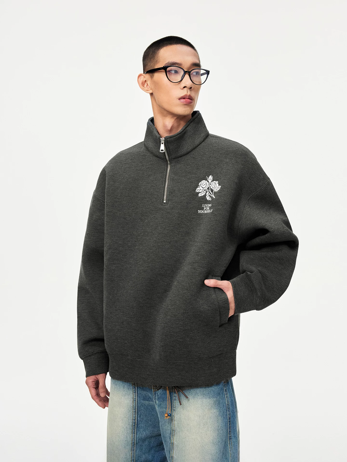 Áo thun nửa khóa kéo thêu hoa hồng hổ rừng 2025 Mùa thu mới Áo thun ấm áp Unisex cổ đứng hàng đầu