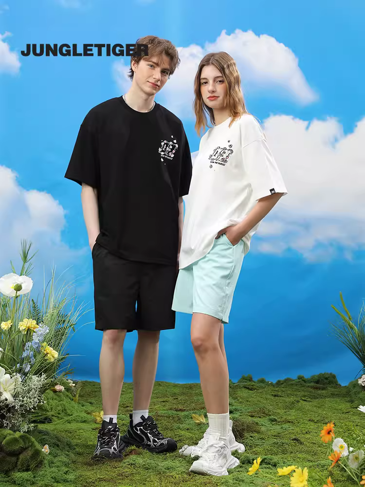 Áo thun ngắn tay thêu hoa hổ rừng dành cho nam, mẫu mới hè 2025, phong cách Mỹ, chất dày, áo thun đôi nam nữ