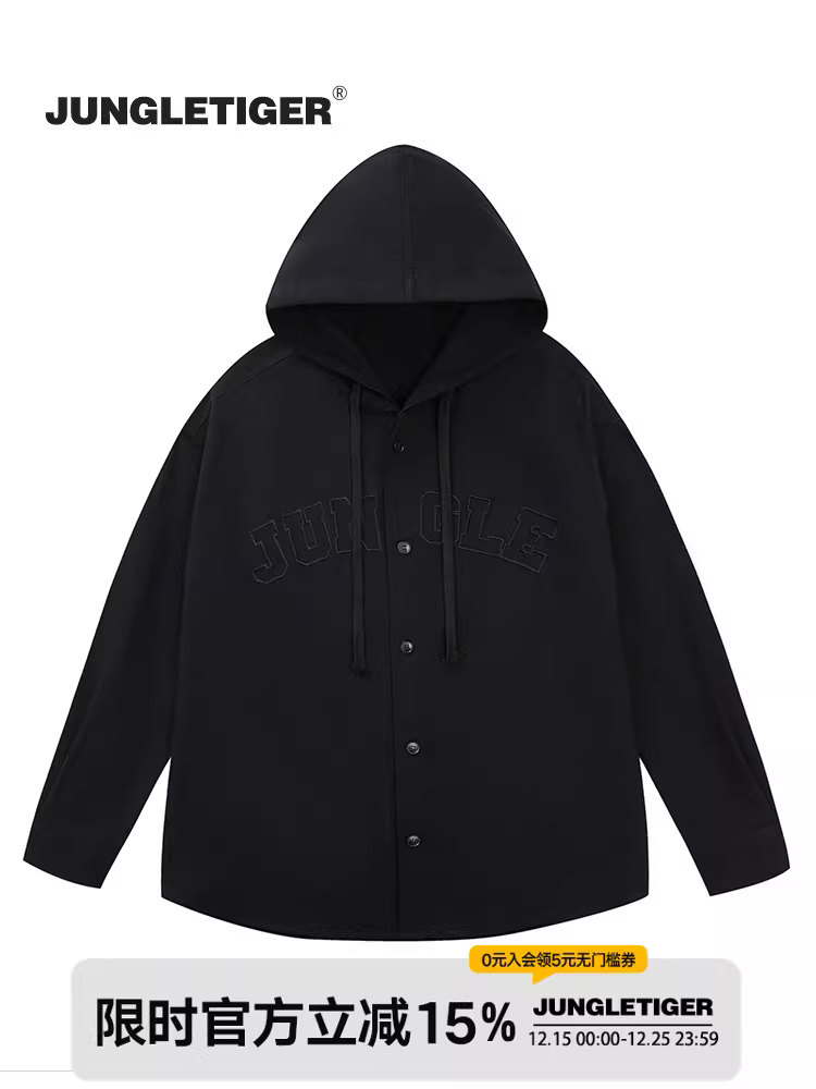 Áo sơ mi dài tay có mũ trùm đầu thêu logo phong cách Mỹ của Jungle Tiger dành cho nam và nữ, áo khoác sơ mi thường ngày hợp thời trang mùa xuân và mùa thu