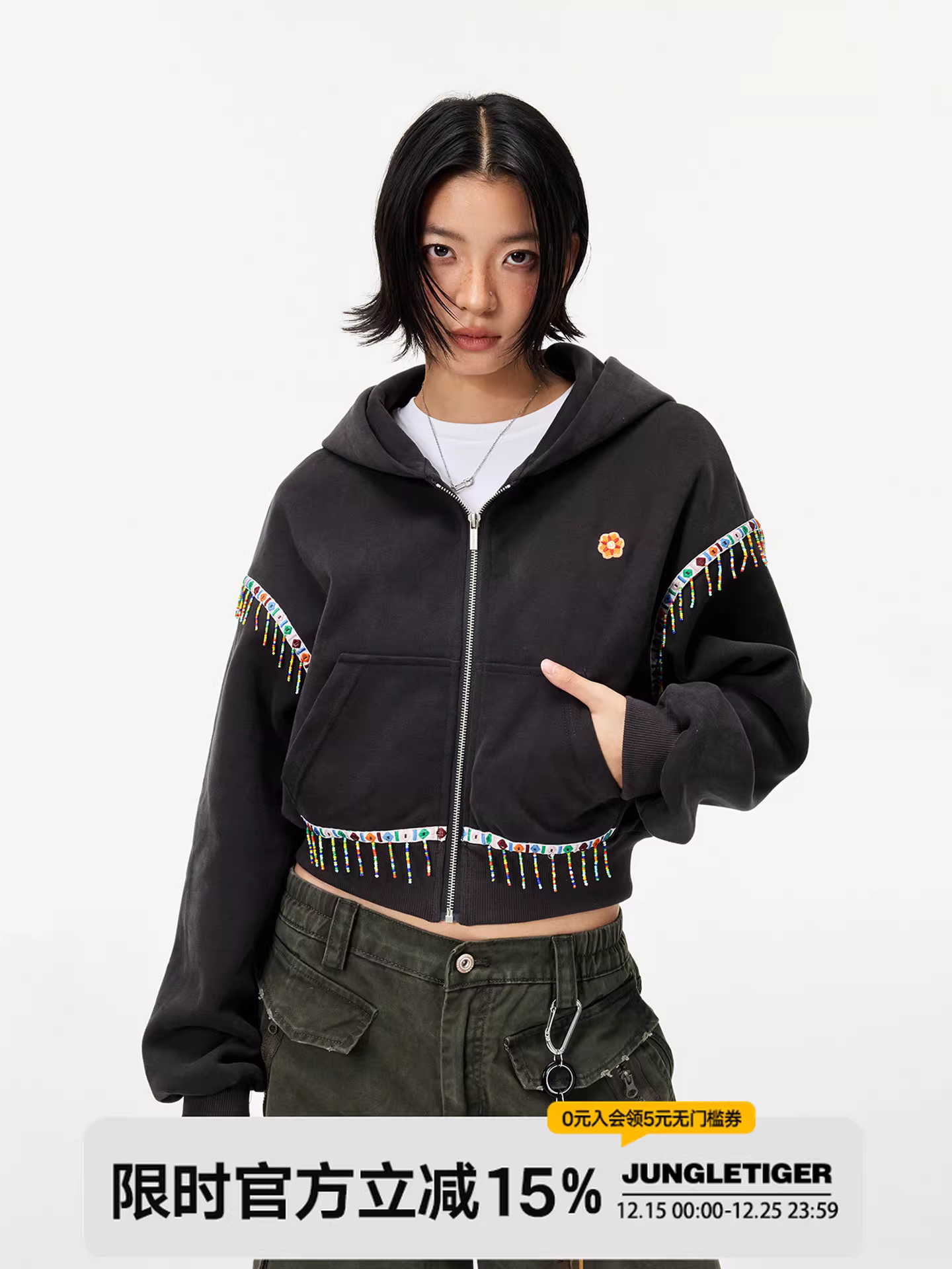 Áo khoác ngắn phong cách dân tộc retro Jungle Tiger dành cho nữ, thời trang đường phố mùa xuân thu 2025, đa năng, có mũ trùm đầu