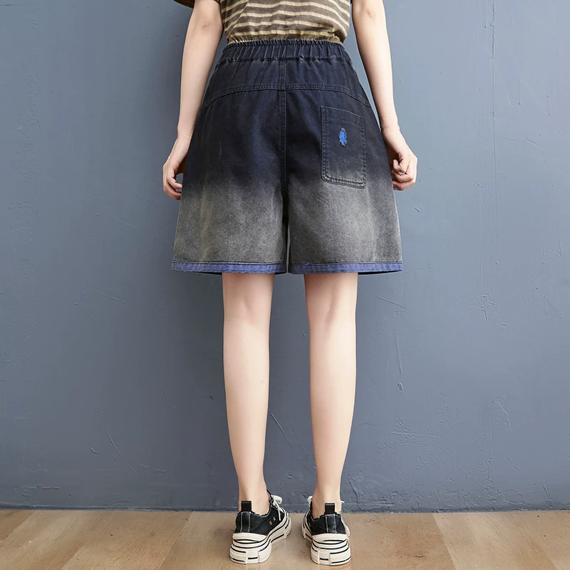 Quần short denim phối màu phai màu kiểu vintage dành cho nữ, quần short thời trang mùa hè đa năng, quần ống rộng dáng rộng, size lớn, giúp thon gọn vóc dáng.