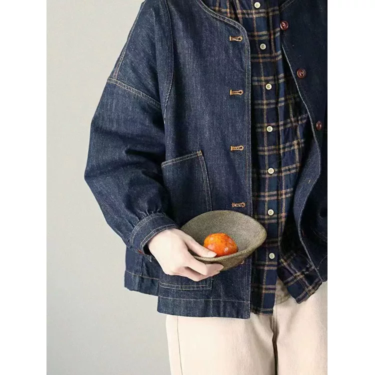 Áo khoác denim ngắn chất liệu cotton 100% kiểu vintage dành cho nữ, mẫu mới thu 2025, phối màu thời trang, áo khoác công sở thường ngày.
