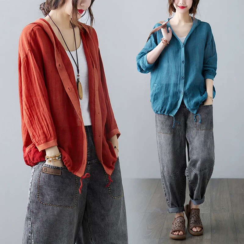 Áo khoác cardigan nữ chất liệu cotton và lanh vintage, kiểu dáng rộng, có mũ, tay dài, mỏng, ngắn, thời trang hè 2025