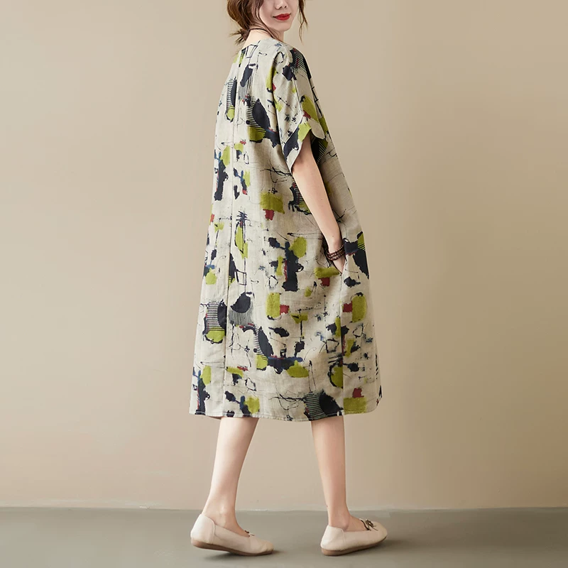 Váy cotton và lanh nữ, tay ngắn, kiểu dáng mùa hè 2026, thanh lịch, dài ngang đùi, phong cách retro dân tộc, in họa tiết, size lớn.