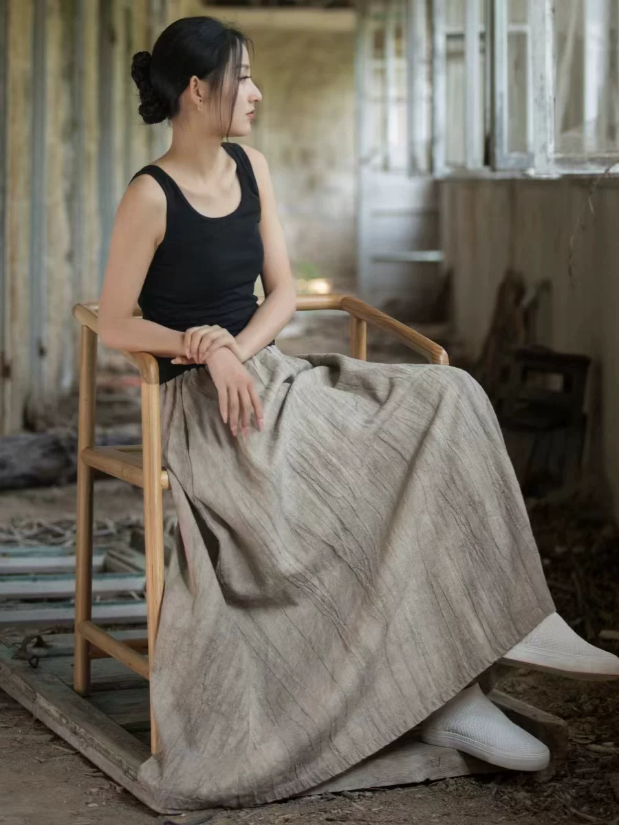 Váy chữ A dài chất liệu cotton và linen hè 2026, eo thun, đa năng, phong cách nghệ thuật retro, dáng rộng, dành cho nữ